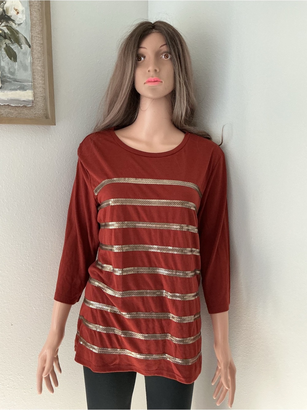 Ellen Tracy Rust Long-Sleeve Top with Gold Sequin Stripes